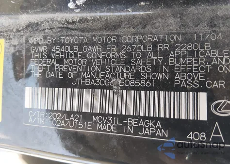 2005 Lexus Es 330 из США, поврежденный, VIN JTHBA30G655085861